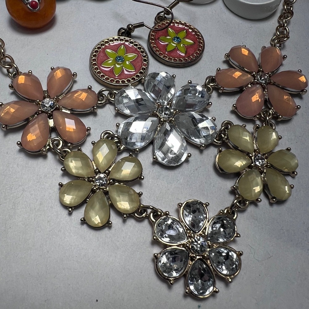 vtg - Modern Jewelry Orange Flowercore Bib Necklace Enamel Earrings Bangle‎ Cuff - Picture 3 of 16
